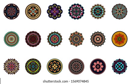 Set of 18 decorative colored mandalas. Round patterns on a white background. Vector illustration.