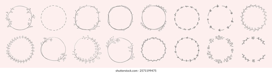 Set of 18 delicate circular floral frames. Each floral frame features unique botanical designs. Perfect for invitations, logos, or decorative projects. Frame element vector set.