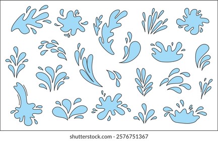 A set of 18 different blue water splashes. Perfect for designs related to water, drinks, pools, summer, freshness, and other water themed projects.