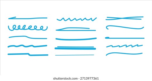 A set of 18 different blue wavy lines and scribbles arranged in three columns, varying in shape and size on a plain white background