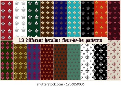 Set of 18 different heraldic fleur-de-lis vector ventilation patterns. Patterns of different colors and different configurations