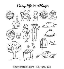 A Set Of 18 Doodle Elements Of Life On The Farm And In The Village. Contains Images Of A House, An Apple Tree , An Apiary, Fresh Bread, And A Basket Of Apples. Vector.