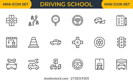 Conjunto de 18 iconos web de la escuela de conducción en estilo de línea Coches, tráfico, Educación y Transporte. Paquete de iconos de contorno delgado. Ilustración vectorial