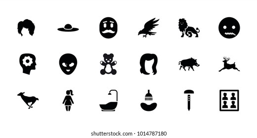 set of 18 editable filled icons: deer, shower, hairstyle, woman hat, emot with zipper mouth, photo for passport, hog, eagle, lion, antelope, teddy bear