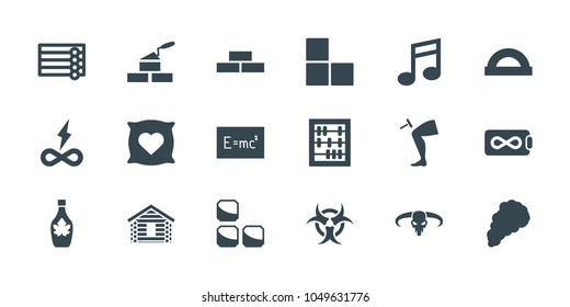 Set of 18 editable filled icons: brick wall, wooden wall, pillow with heart on it, protractor, abacus, maple syrup, endless battery, board with formulas