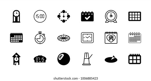 set of 18 editable filled and outline icons: clock, calendar, wall clock, sundial, pendulum, 14 date