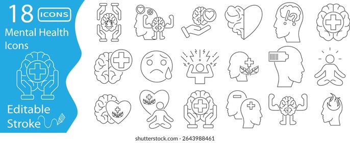 Set of 18 editable stroke line icons representing mental health, wellness, therapy, anxiety, meditation, emotions, support, and psychological care in minimal style.