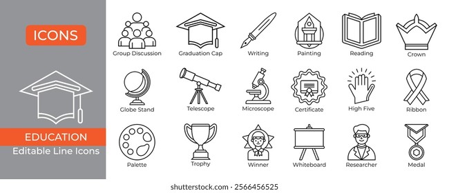 Set of 18 Education and Learning web icons in line style. School, university, textbook, learning. Linear icon collection.  Vector illustration.