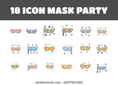 Um conjunto de 18 ícones de máscara de festa plana com desenhos variados e sotaques de estilo confete, ideais para carnaval, mascarada, eventos festivos, convites para festas e gráficos de celebração.