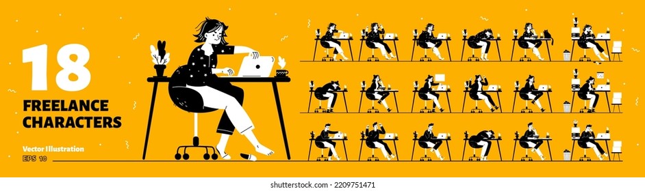 Set of 18 freelancers isolated on yellow background. Vector illustration of male, female flat characters working on laptop from home, tired, overloaded, happy with success, unhappy about failure