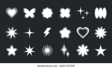 Set of 18 glowing shapes on a dark background. Includes stars, hearts, flowers, and more. Bright, luminous designs create a radiant, glowing effect. Cute glowing element set vector.
