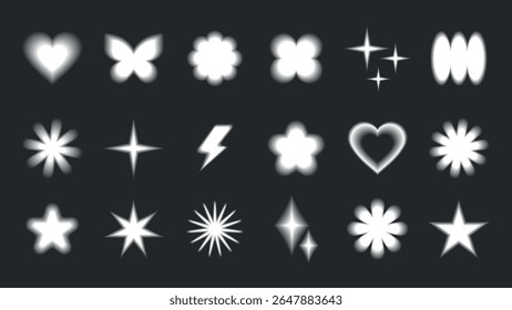 Conjunto de 18 formas brilhantes em um plano de fundo escuro. Inclui estrelas, corações, flores e muito mais. Projetos luminosos e brilhantes criam um efeito radiante e brilhante. Vetor de conjunto de elementos brilhante bonito.