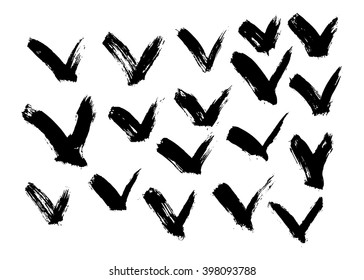 Set of 18 grunge black abstract textured vector checkmarks. Vector design grunge confirm. Vector abstract checkmarks. Vintage vector shapes. Retro vector ticks.