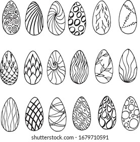 Set of 18 hand drawn easter eggs. Easter eggs isolated on white background. Vector illustration in a doodle style. Line art. Ideal for decorated and kids coloring, printing on fabric. EPS10.