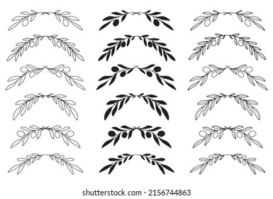 Set of 18 hand drawn olive branches. Outline and silhouette olive text dividers. Vector floral elements for menu, greeting cards, wedding decoration, invitations, web.