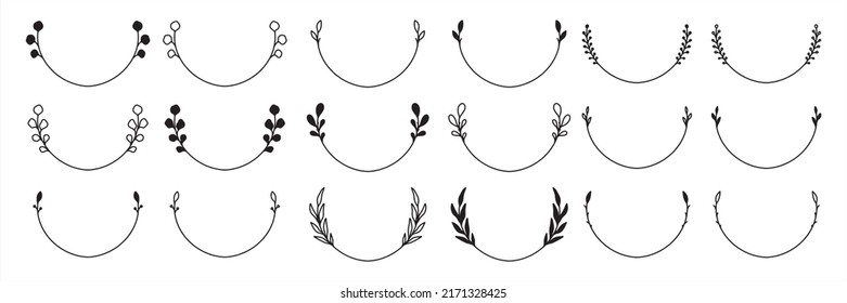 Set of 18 hand drawn spring wreaths isolated on white background, vector. Outline and silhouette frames with leaves. Doodle style.Collection of floral monogram frames.