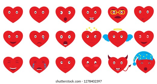 Set of 18 hearts emoji. Design elements for Valentines Day