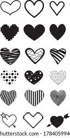 A set of 18 hearts in a vector eps. The heart is black and white. Set for Valentine's day vector eps.