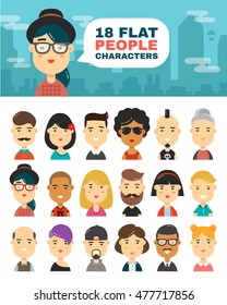 A set of 18 hipster people characters avatar in a modern vector illustration flat style. city people. isolated on white background.