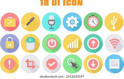 Set of 18 Icons on Flat Circular Colored Buttons with Shadows on Black Background ( isolated elements )