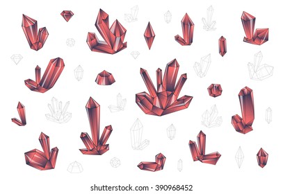 Set 18 isolated on white fashion brightly colored diamonds  hipster style. Stylish transparent crystal in pink colors. Surrealistic crystals. Stylized gems. Natural stones. Diamonds and rhinestones