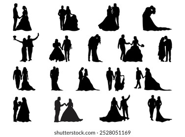 Set of 18 item wedding couple silhouette vector illustration