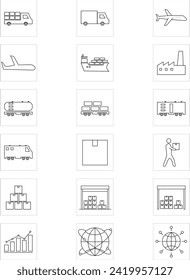 Un conjunto de 18 íconos logísticos. Iconos de contorno simple y editable para logística, cadena de suministro, transporte, almacenes, entrega, carga, red, transporte marítimo, transporte aéreo y fábrica