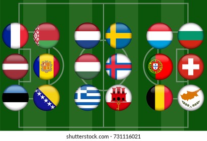 set of 18 participants of the soccer world cup flags buttons