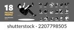 Set of 18 people falling. Young and senior male, female flat characters, children landing on floor after stumbling, slipping, tripping over something by accident. Risk of injury. Vector illustration