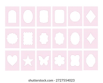 Conjunto de 18 Plantillas de tarjeta de jingham rosa con varios marcos blancos. Perfecto para invitaciones de baby shower, decoración infantil y scrapbooking.