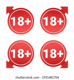 Set mit 18 Plätzen plus Badge. Achtzehn plus Schild. Altersbegrenzungszeichen. Einzeln auf weißem Hintergrund