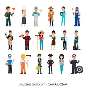 Set of 18 professions. People of different occupations, eighteen cartoon characters. Stock vector illustration