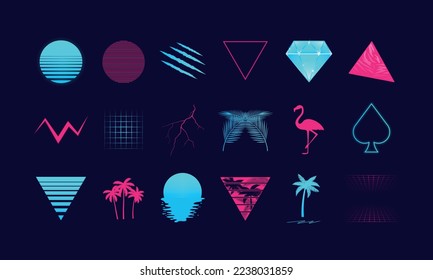 Set of 18 Retro 80s design elements. Retro neon symbols. Design elements for t-shirt, banner, poster, cover, badge, logo and label.  Print for t-shirt. Vector illustration