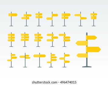 Set of 18 road signs and pointers flat icons. Signpost on pillar in yellow color. Blank template with empty space for navigational or guide text. Clean vector eps8 illustration.