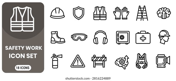 Set of 18 safety work icons including helmet, gloves, first aid and protective gear