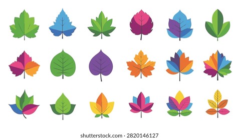 Set of 18 stylized leaf icons in varied geometric shapes and vibrant colors like green, blue, and orange. Modern flat design vector illustrations isolated on white background.