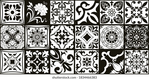 Set of 18 tiles Azulejos in black, white. Original traditional Portuguese and Spain decor. Seamless patchwork tile with Victorian motives. Ceramic tile in talavera style. Gaudi mosaic. Vector