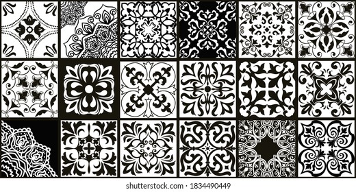 Set of 18 tiles Azulejos in black, white. Original traditional Portuguese and Spain decor. Seamless patchwork tile with Victorian motives. Ceramic tile in talavera style. Gaudi mosaic. Vector