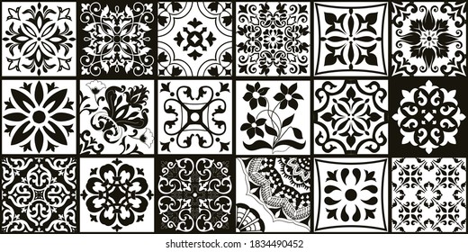 Set of 18 tiles Azulejos in black, white. Original traditional Portuguese and Spain decor. Seamless patchwork tile with Victorian motives. Ceramic tile in talavera style. Gaudi mosaic. Vector