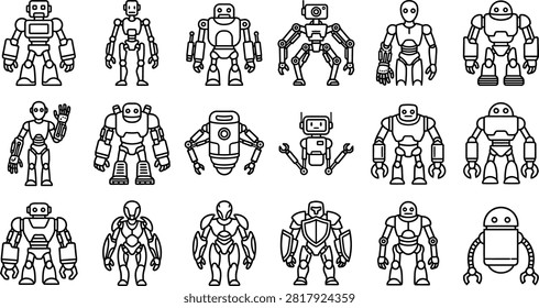 A set of 18 unique robot icons featuring various mechanical designs from humanoid figures to bulky armored units in a clean black and white line art style