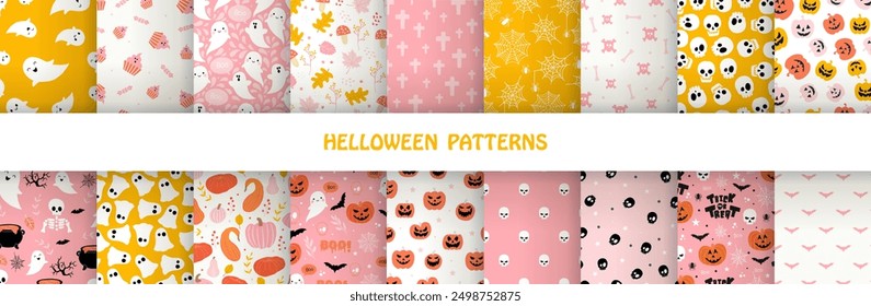 Set of 18 Vector abstract seamless cute halloween patterns.