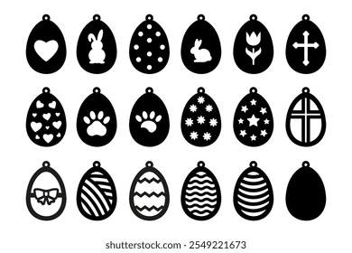 Set of 18 vector Easter egg shape designs of earrings, pendant or keychain. Jewelry cutting template. Laser cut with leather, wood or metal. Beautiful hanging bijouterie stencils