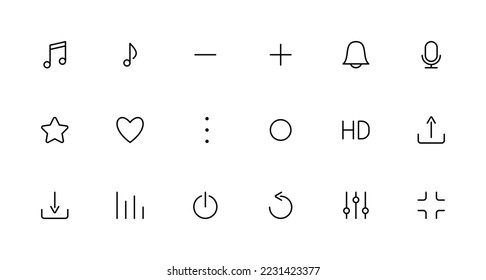 Set of 18 vector thin line icons, media, player, collection of vector buttons illustration.