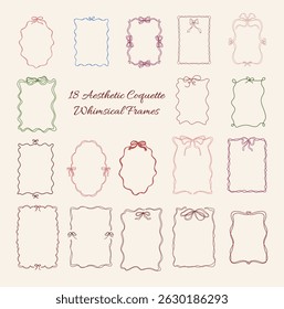 Conjunto De 18 Coquette Vintage Estética Mão Desenhado Diferentes Formas E Cores Quadros Com Arcos E Fitas Doodle Isolado Vetor Design
