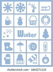 A set of 18 white and blue icons in a simple, flat style on winter themes of weather, nature, clothes and holidays.