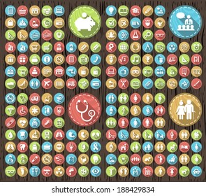 Set of 180 Flat Family Education Medical Icons with Shadows on Circular Contemporary Modern Buttons on Wood Texture.