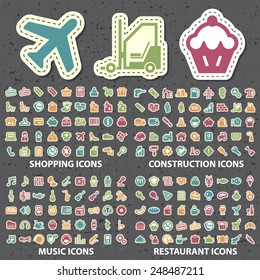 Set of 180 Isolated Universal Standard New Color Shopping, Construction, Music and Restaurant Icons Paper Cut Style on Black Background.