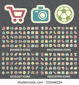 Set of 180 Universal Standard New Color Business, Multimedia, Ecology and Education Icons Paper Cut Style on Black Background.
