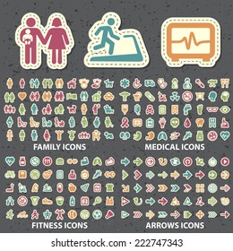 Set Of 180 Universal Standard New Color Family, Medical, Fitness And Arrows Icons Paper Cut Style On Black Background.