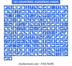 Set of 181 countries maps and European Union. Blue background,white map